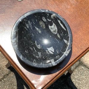 BLACK FOSSIL AMMONITE ORTHOCERAS BOWL, 4.3 INCHES